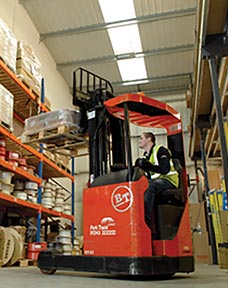 A forklift on the warehouse floor